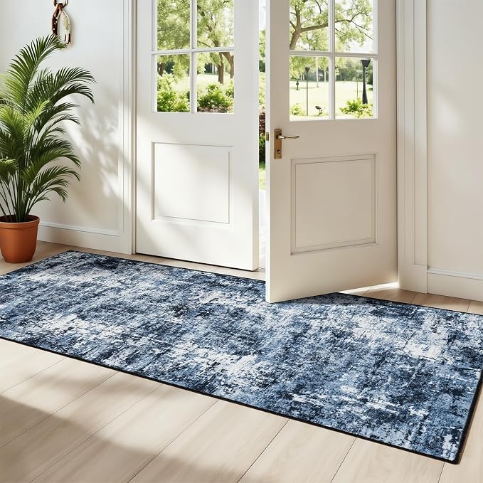 Rugflix 2x10 Runner Rug for Entryway, Kitchen Rugs Soft Non-Slip Washable Runners for Hallway, Abstract Small Carpet with Non-Slip Rubber for Bedroom, Living Room, Navy Blue/Black