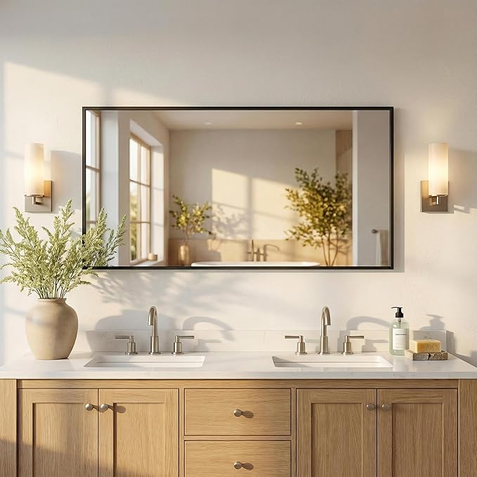 55"x30" Matte Black Wide Bathroom Wall Mirror for Double Vanity | Wide Double Vanity Mirror, Slim Metal Frame, Long Console or Buffet Use, Vertical/Horizontal Mount, Tempered Glass