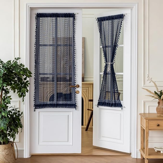 Sutuo Home Navy Blue French Door Curtains for Door Window 72 Inch Length 2 Panels, Farmhouse Semi Sheer Bohemian Tassels Vintage Privacy Drapes Decor for Patio & Sidelights, Rod Pocket 25" W x 72" L