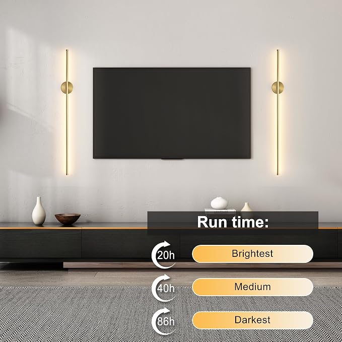 Battery Operated Modern Wall Sconces Set of Two,Rechargeable Wireless Wall Lights with Remote Control,Dimmable,3CCT,Timer,360°Rotation,Cordless Lighting for Bedroom,Living Room,Hallway,Brass,39.3 Inch