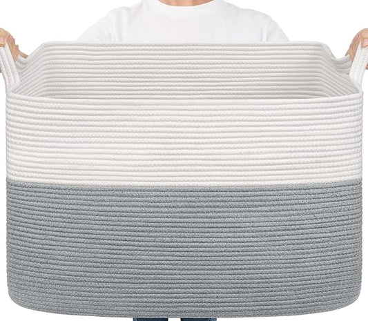 Goodpick 105L Extra Large Woven Blanket Basket Cotton Rope Storage Baskets for Organizing, Rectangle Baby Laundry Basket for Living Room Home Decor, 25"x16"x16", White & Gray