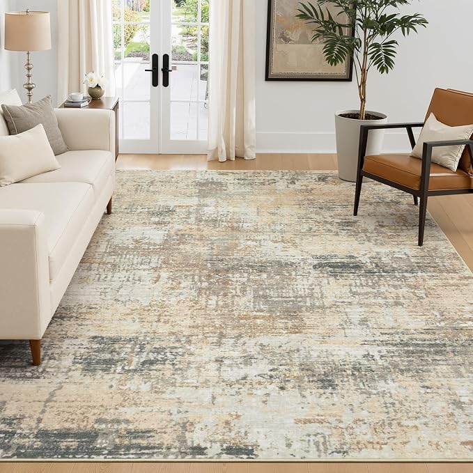 Rugflix 5x7 Area Rugs for Living Room, Washable Large Rug Stain-Resistant Low Pile, Modern Neutral Carpet for Dining Room Home Office Kid Room Nursery Bedroom, Brown Black Beige