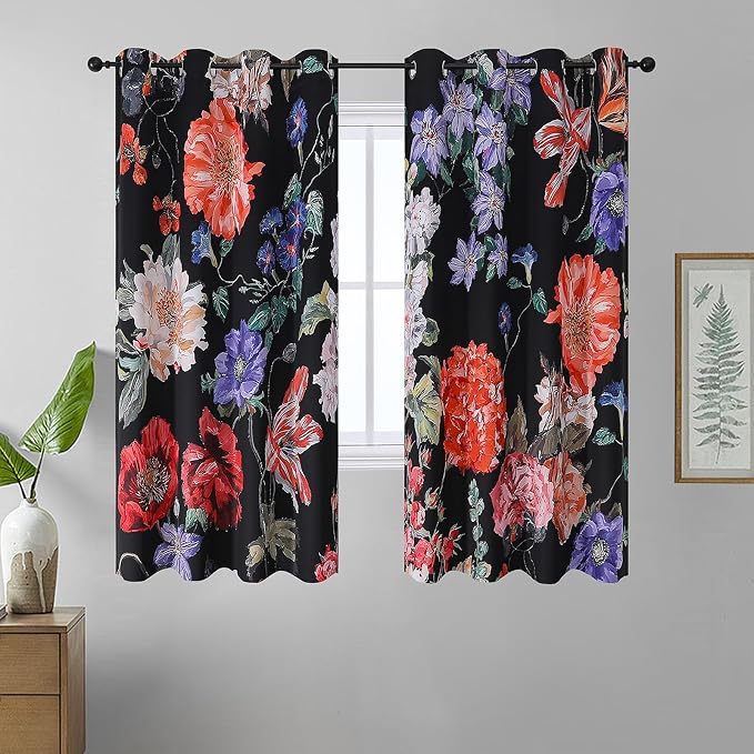 Estelar Textiler Boho Floral Blackout Curtains 63 Inches Long 2 Panels,Morning Glory Pattern Thermal Insulated Room Darkening Window Grommet Drapes for Living Room,52" Wx63 L