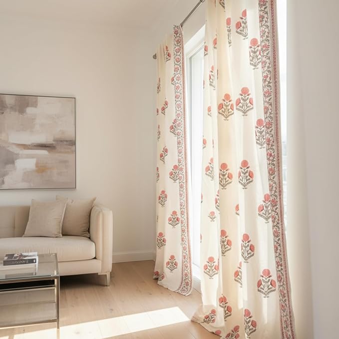 ATOSII 100% Cotton Single Panel Block Print Curtain, Easy Hanging with Rod Pocket & Loop, Living Room, Dining Room, Bedroom Light Filtering Boho Curtains, Set of 1, 60" W X 108" L, Flora Pink Poppy