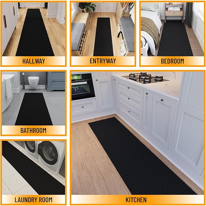 Ottomanson Long Shag Runner Rug 2' x 26', Fluffy Extra Long Hallway Runner with Non-Slip Rubber Backing, Soft Non-Shedding Rug for Corridor, Entryway, Kitchen, Laundry, Black