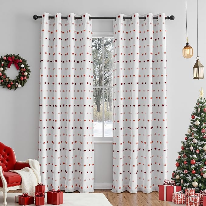 MEETSKY 100% Blackout Curtains for Girls Bedroom 84 Inch Long Total Light Blocking Colorful Red and White Curtains for Kids 2 Panels Room Darkening Grommet Window Drapes with Pom Pom Sheer 52W x 84L