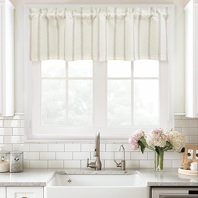 DriftAway Farmhouse Linen Lined Valance 2 Layer Thermal Insulated Room Darkening Blackout Window Valances Rod Pocket Vertical Striped Kitchen Valance for Bathroom Single 52 x 14 Inch Camel Beige