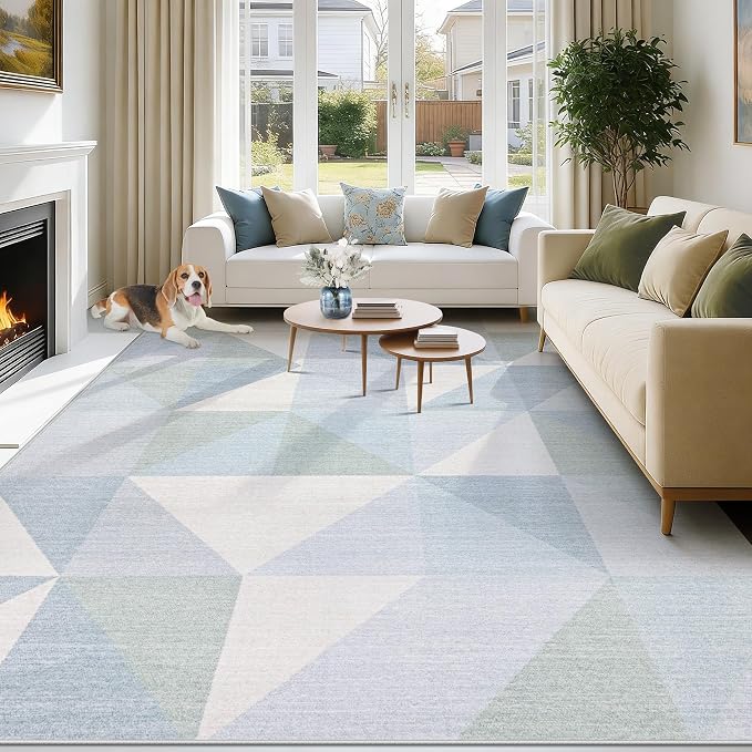 Washable Rug 9x12 Area Rugs: Modern Geometric Area Rug for Living Room Non-Slip Neutral Soft Carpet Low Pile Stain Resistant Indoor Rugs for Bedroom Nursery Dining Room Office (Light Blue, 9'X12')
