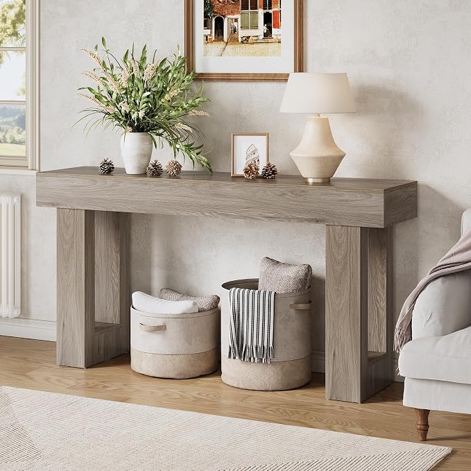 LITTLE TREE 63-Inch Long Console Tables for Entryway, Large Sofa Table Behind Couch, Grey Wooden Entry Foyer Hallway Table, Industrial Console Sofa Tables for Living Room