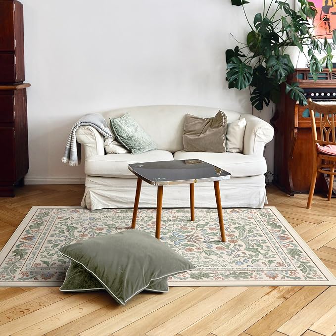 Floral Indoor Entrance 4x6 Area Rug, Washable Vintage Boho Entryway Rugs, Low Pile Non Slip Soft Carpet for Kitchen, Bedroom Beside, Laundry Room, Office Rug, Living Room, Nursery Room， Beige Green