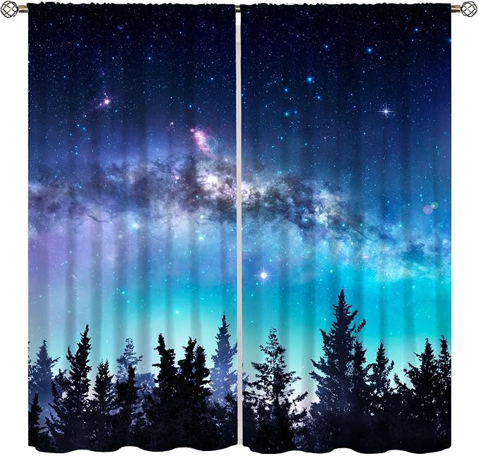 Forest Night Sky Curtains for Kitchen,Rustic North Star Moonlight Decor, Starry Moon Galaxy Nature Window Drapes Print for Boys Girls Bedroom Living Room 42x45in （No Blackout）