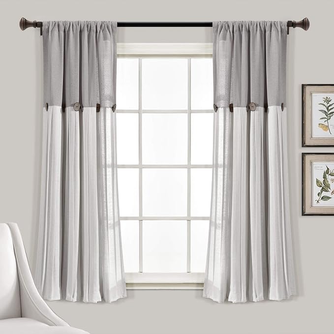 Lush Decor Linen Button Window Curtain Panel, Single, 40" W x 63" L, Gray & Off-white - Country Curtains - Color Block Modern Farmhouse Curtains For Living Room, Bedroom & Dining Room