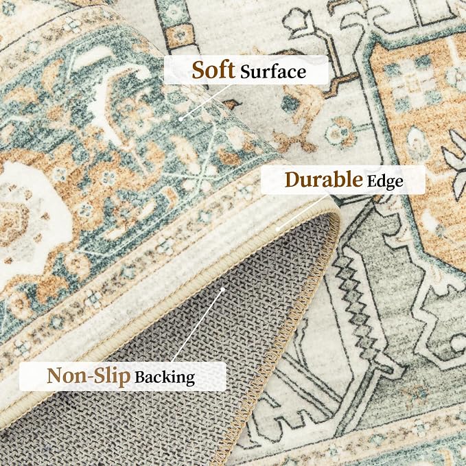 Roxstand 6x9 Washable Area Rug, Low Pile Non Slip Rug, Green/Grey | Large Area Rug, Non-slip Backing, Super-Soft Floral Vintage, Low Pile, For Living Room, Bedroom, Dining Room, Office