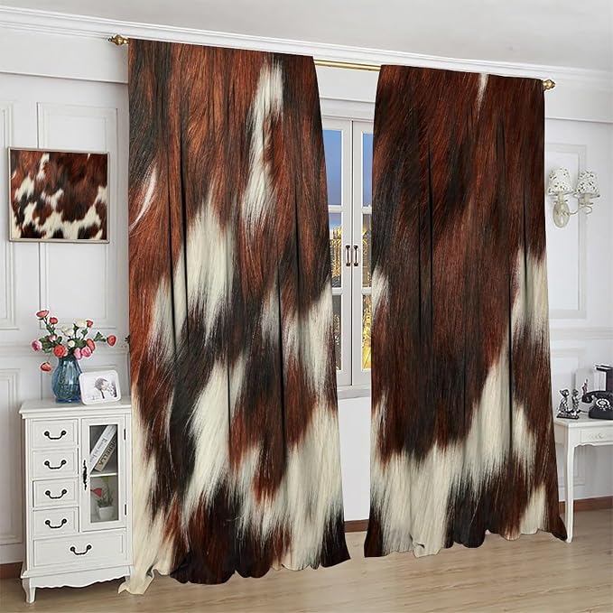 Cow Blackout Curtain,Animal Print Brown Cowhide Western Rustic Farm Farmhouse Window Treatments Rod Pocket Curtain for Bedroom Living Room Kitchen Decor Drapes 42x63in