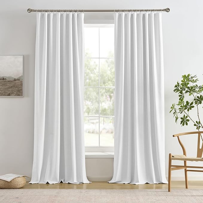 RAIN CITY Snow White Blackout Curtains 100 Inches Long Modern Rustic Textured Back Tab Grey Backing Window Hook Draperies for Bedroom Living Room 2 Panels 50 inch Wide 100 Length