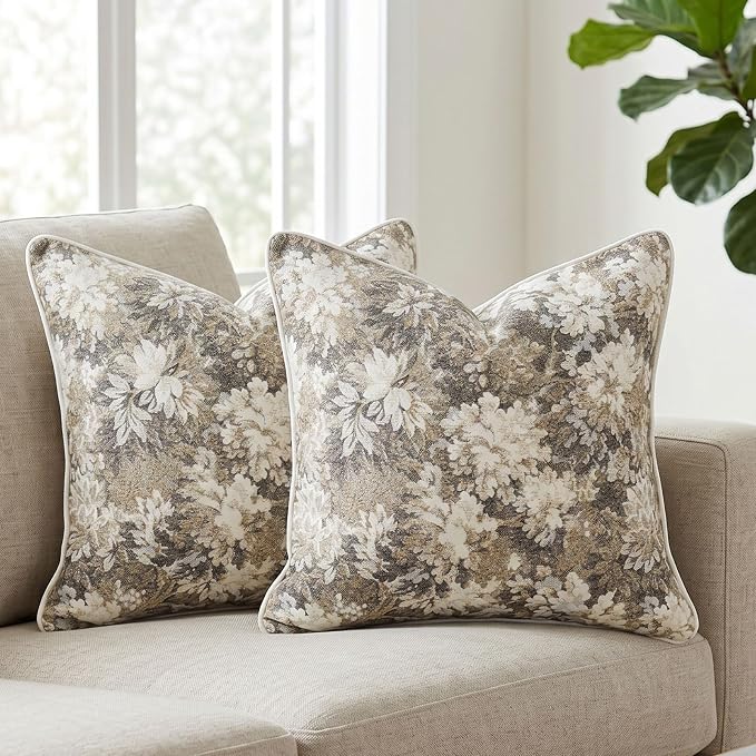 Vintage Floral Throw Pillow Covers 18x18 Inches Set of 2 Boho Farmhouse Pillow Cases Premium Chenille Textured Decorative Cushion Covers for Couch Retro Garden Farmhouse Style Taupe