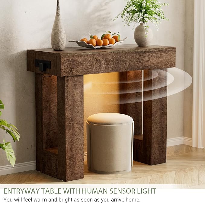 Unikito 39" Entryway Table with Socket and Sensor Light, Narrow Console Table with Storage Behind Couch, Farmhouse Entryway Table for Hallway, Behind the Couch, Living Room, Foyer, Rustic Oak