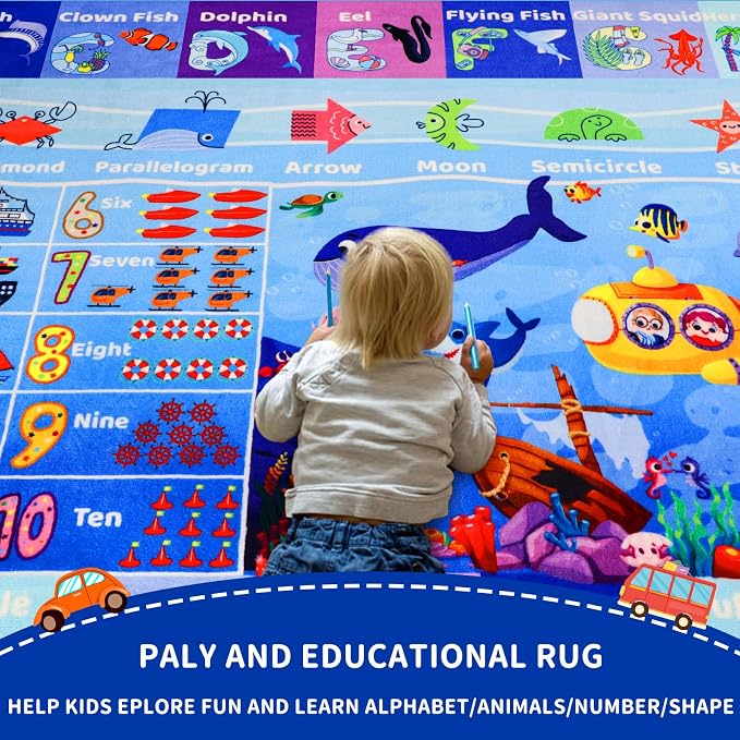 3'3"×5' Interactive Ocean World Learning Rug with ABC, Sea Animals, Numbers & Shapes for & Preschoolers, Washable Non-Slip Carpet for Playroom, Nursery & Homeschool