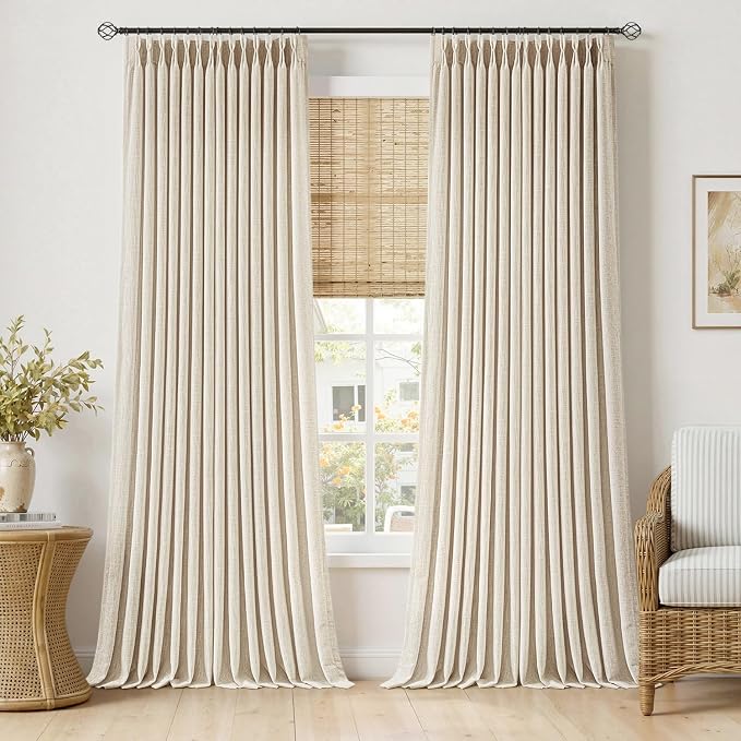 MIULEE Pinch Pleated Thick Linen Curtains 108 Inches Length 2 Panels for Living Room Bedroom, Extra Long Pinch Pleat Drapes Back Tab Light Filtering Birch Foor to Ceiling Curtains with Hooks&Rings