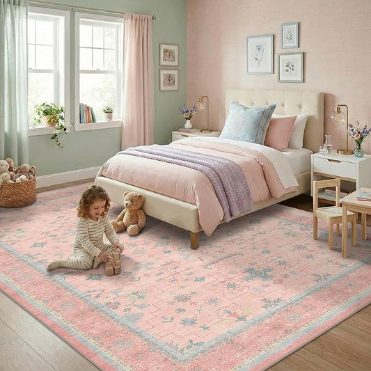 Washable Pink and Blue 7x9 Boho Rugs for Bedroom Girls, Living Room Kids Playroom Nursery Room, Modern Floral Distressed Design, Soft Low Pile Non Slip Stain Resistance Carpet