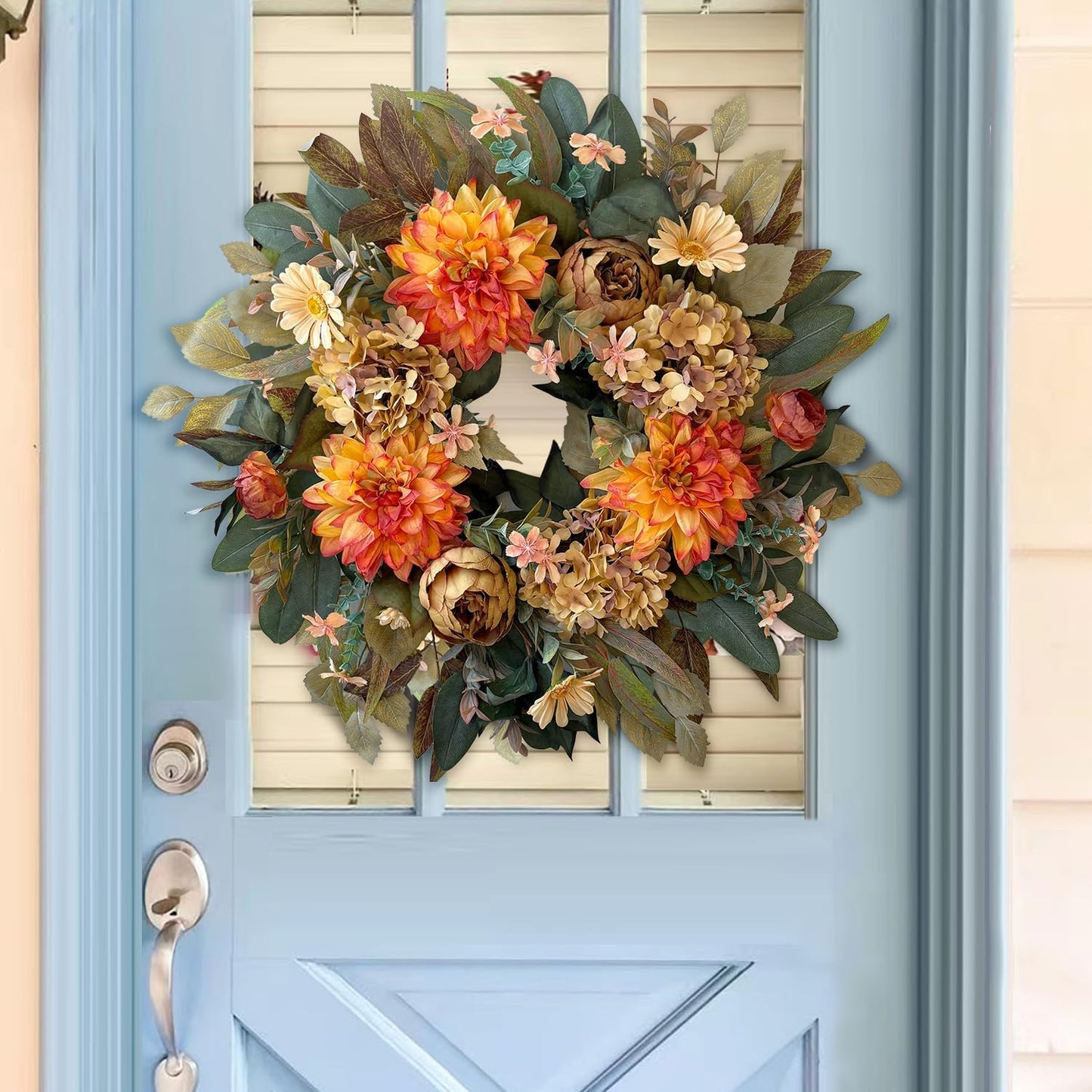 WANNA-CUL 24 Inch Spring Fall Wreaths for Front Door,Fall Wreath with Orange Hydrangea&Peony and Dahlia Flowers-Fall Decoration for Home-Large Fall Decor Door Wreath for Autumn,Harvest