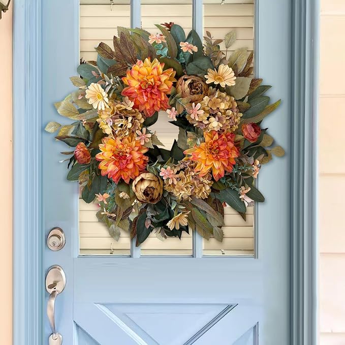WANNA-CUL 24in Fall Front Door Wreath Dahlia Hydrangea Peony Table Decor | Twig-base autumn wreath with storage box for yearly reuse, ideal Thanksgiving indoor & covered outdoor seasonal gift