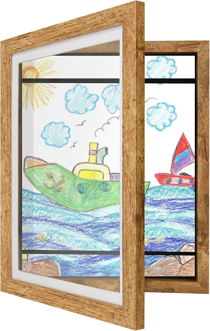iRahmen Kids Art Frames 8.5x11 - Front Opening Childrens Picture Frame Changeable, Wood Artwork Display Storage for Wall Mount, Magnetic Door Holds 50 Art Pieces for Drawings, 3D Picture, Crafts, Portfolio, Brown
