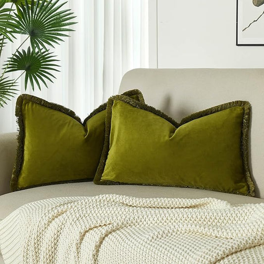 JUSPURBET Olive Green Decorative Velvet Fringe Throw Pillow Covers 16x24 Set of 2 Boho Soft Cushion Case for Home Decor Living Room Couch Sofa Bed
