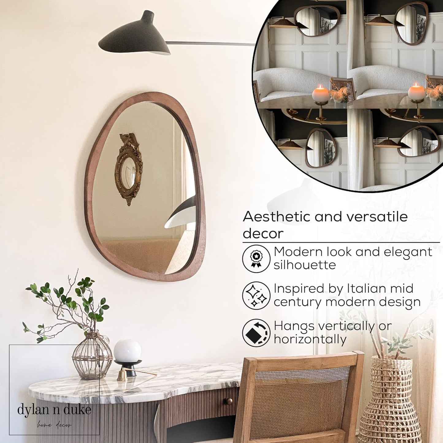 Irregular Wood Frame Boho Mirror - Large Wall Mounted Accent, Asymmetrical, Modern Aesthetic Wall Decor for Bedroom, Entryway, Living Room, Bathroom (Brown)