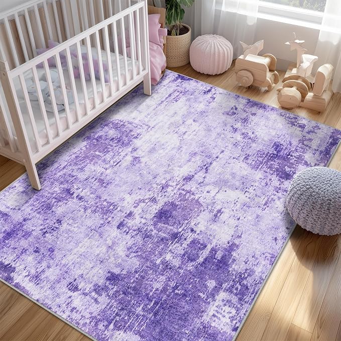 RELEANY Washable Area Rugs 9'x12' Non-Slip Modern Abstract Soft for Living Room Entryway Bedroom Kitchen, Print Pattern, Purple Gray Pink White