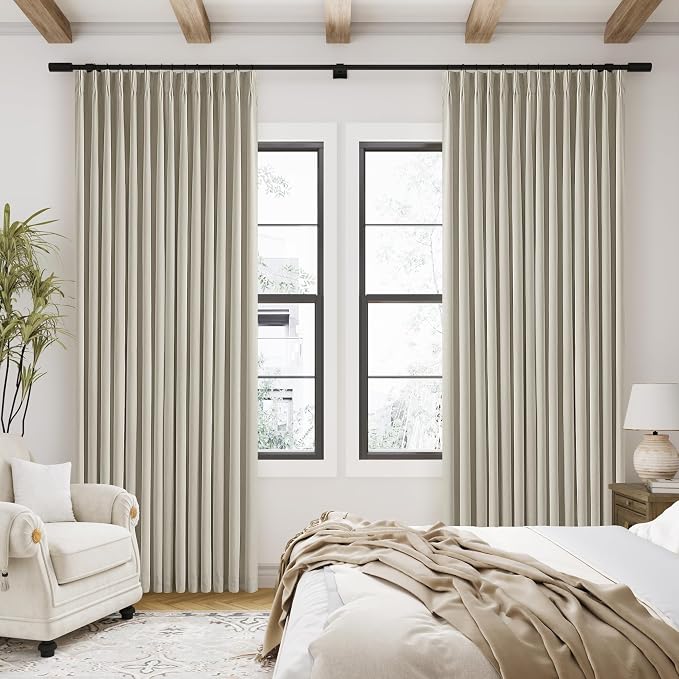 Beige Pinch Pleated 100% Blackout Linen Curtains for Bedroom 84 Inch Length Room Darkening with Liner Oatmeal Neutral Window Curtains 84 Inches Long for Living Room Black Out Pleat Drapes Back Tab