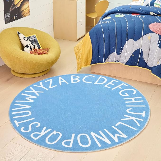 Topotdor Round ABC Area Rug,63 Inch Soft Floor Carpet,Sky Blue | Washable Alphabet Circle Rug,Non Slip Floor Mat Ideal for Bedrooms,Kids Rooms,Classrooms