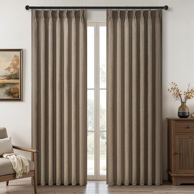 Pinch Pleated 94 Inch Curtains 2 Panels for Living Room,Dark Flax Linen Curtains 94 Inches Long Pinch Pleat Drapes for Track System Light Filtering Semi Sheer Curtains for Dining Bedroom Office