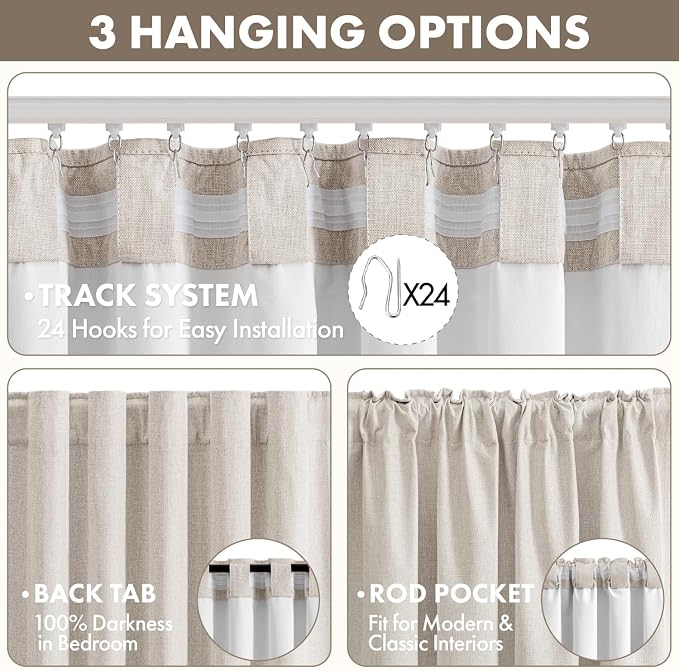 MIULEE 100% Blackout Linen Curtains for Bedroom 102 inches Long, Thermal Insulated Room Darkening Black Out Drapes for Living Room, Back Tab Rod Pocket, 2 Panels Set, 40 Wide x 102 Length, Cream