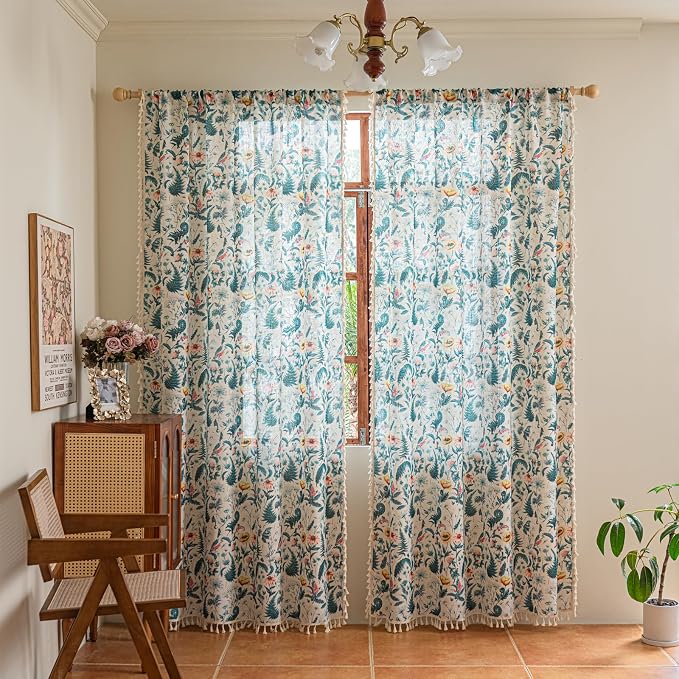 Deeprove Sheer Boho Print Curtains 63 Inches Long with Tassel, Green Fern Leaf Window Treatments Vintage Linen Look Drapes for Bedroom Farmhouse Country Style Privacy 2 Panels Pair 52W x 63L
