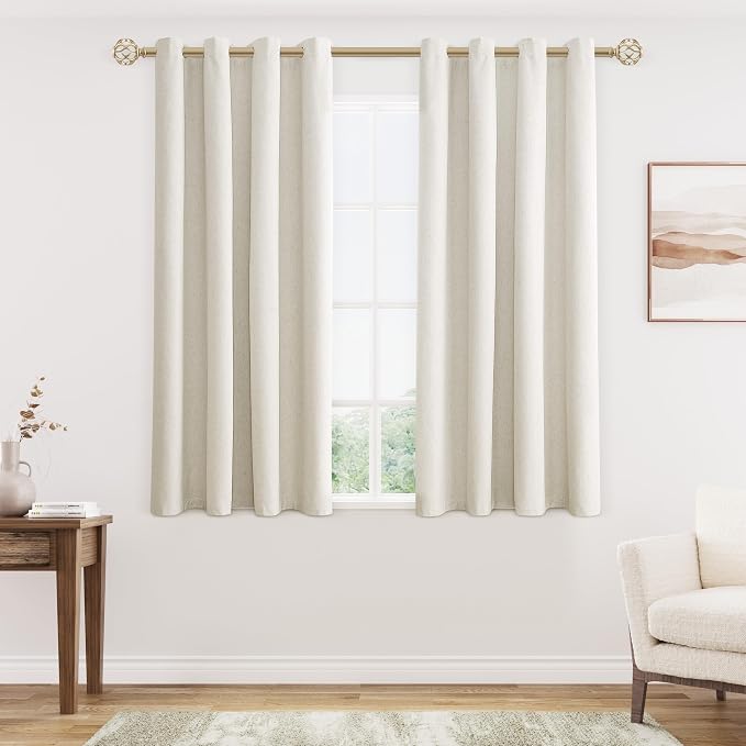 Jowels Cream Linen Blackout Curtains 42 Length 2 Panels Set for Living Room Bedroom, 100% Black Out Thermal Insulated Linen Drapes, Room Darkening Grommet Curtains 42 Inches Long Natural Beige