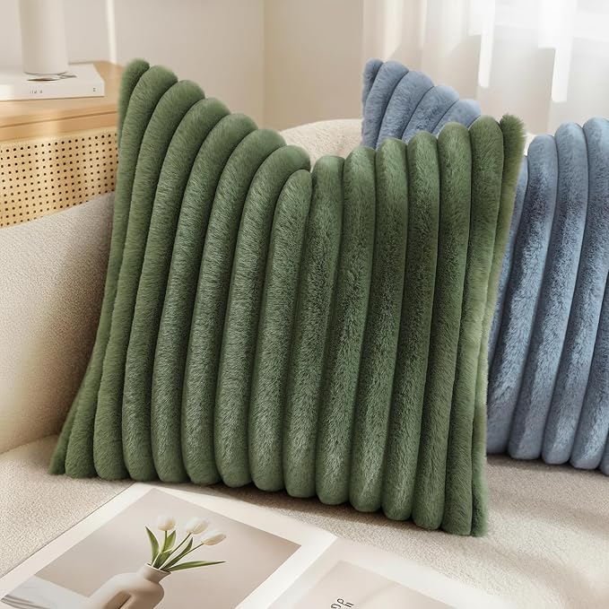 decorUhome Fall Cozy Faux Fur Throw Pillow Covers 26x26 Set of 2 Decorative Soft Plush Striped Modern Farmhouse Boho Couch Euro Sham Pillow Cases with Velvet Back for Sofa Bed Living Room, Olive Green