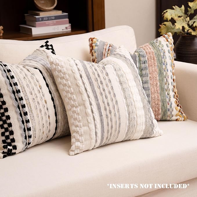 Boho Chenille Tufted Throw Pillow Covers 18x18 Inch Set of 2 Farmhouse Grey Woven Striped Decorative Pillowcases for Couch Sofa Bed