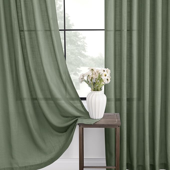 Olive Green Curtains 108 inch Length 2 Panels for Bedroom Back Tab Light Filtering Semi Sheer Drapes Linen Cotton Textured Airy Modern Farmhouse Living Room Sage Aesthetic Decor 52x108