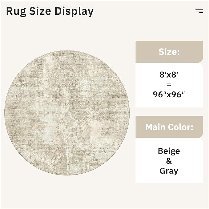 Soalmost 8x8 Beige Gray Round Rug 8ft Living Room Circle Rug Vintage Round Area Rug Non Slip Indoor Carpet for Apartment