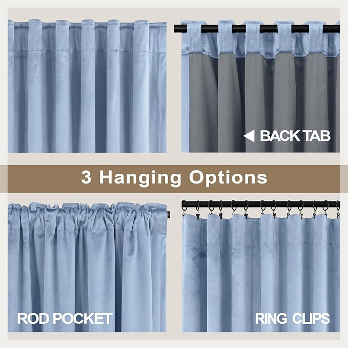 Dusty Blue Velvet Drapes for Baby Boy Bedroom 96 Inches Long 2 Panel Thermal Insulated Light Blocking Floor Length Slate Stone Blue Velvet Curtains for Modern Home Decor Back Tab Pocket Greyish Blue
