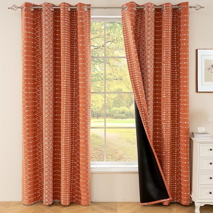 ColorBird 100% Blackout Boho Heat Sun Blocking Curtains & Drapes Bedroom Living Room 84 Inches Burnt Orange Patterned Decorative Thermal Curtains for Dining Rustic Western Room Decor