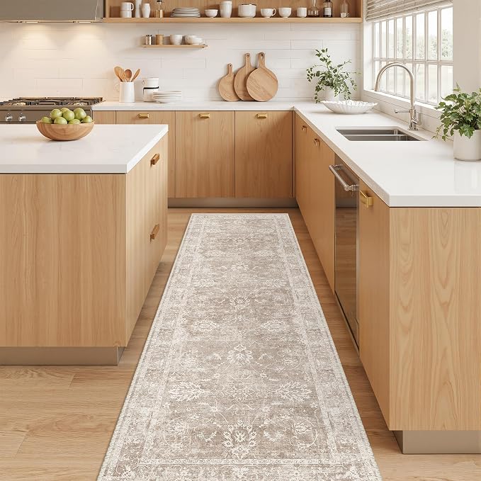 Madane Washable Runner Rug 2x5 with Non-Slip Rubber Backing, Vintage Kitchen Hallway Rug Soft Low Pile Throw Carpet Runner for Entryway Laundry Bathroom Bedroom Living Room (2 x 5, Brown/Sand)