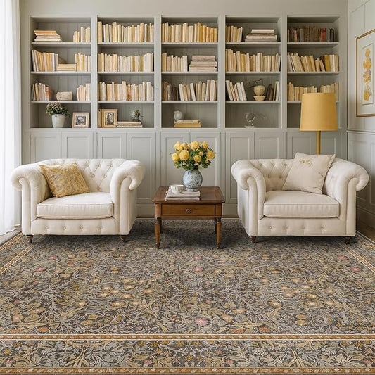 Washable Living Room Rug 6x9 - Brown Oriental Area Rug for Bedroom, Dining Room Rug for Under Table, Low Pile Non-Slip Floor Carpet for Home Office, Study Room - Vintage Design & Stain Resistance
