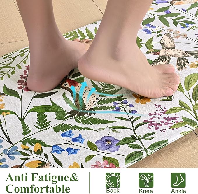 Yinhua White Kitchen Mats for Floor Sets of 2, Floral Anti Fatigue Mats for Kitchen Floor Rug Cushioned, Farmhouse Kitchen Rugs Non Slip, Bird Waterproof Mat for Laundry Office, 17.3"×30"+17.3"×47"
