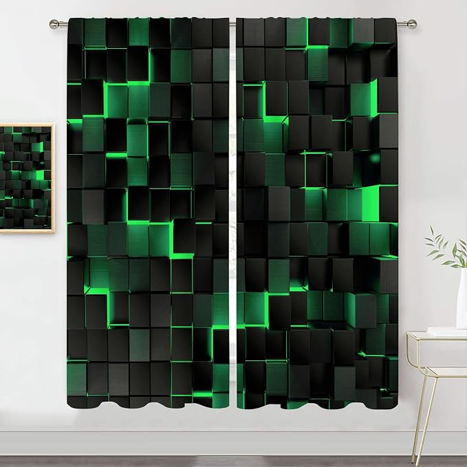MESHELLY Abstract Black Green Curtains 42Wx63H Inch Rod Pocket Modern Geometric Cubes 3D Gradient Design Futuristic Bedroom Window Drapes Minimalist Man Boys Printed Living Room Window Treatment