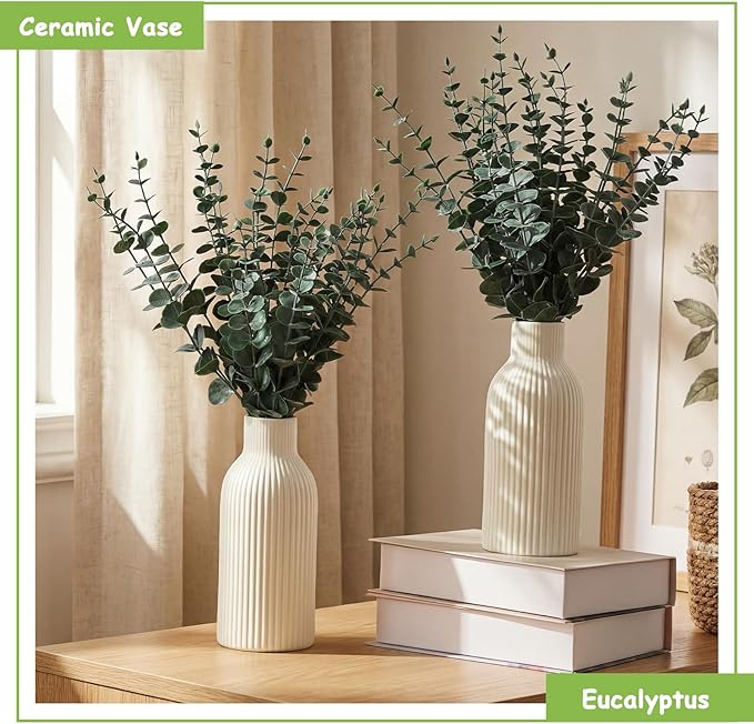 LemonRoad 2 Pack Artificial Eucalyptus Stem in Ceramic Vase 19" Fake Greenery Plants for Home Decor 40 Pcs Modern Indoor Fake Eucalyptus Stem for Table Centerpiece Living Room Bathroom