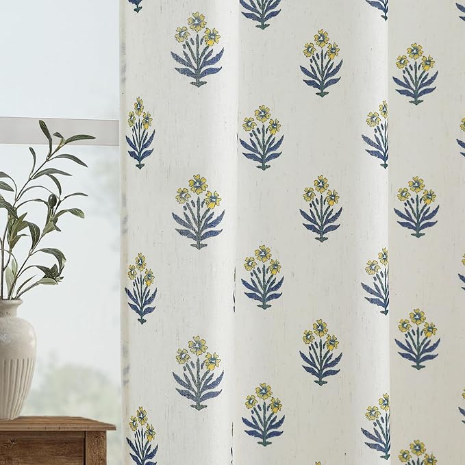 Lino Rosa Spring Mustard Yellow Curtains for Living Room,Sheer Flower Pattern Retro Floral Pretty Mid Century Modern Curtains for Bedroom Window 2 Panel Sets,52 x 84 Inches Long,Yellow and Blue