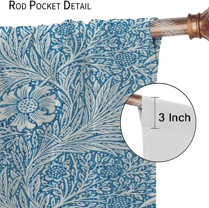 Bohe Vintage Floral Blackout Windows Curtains, William Morris Original Design Blue Flower Pattern Rod Pocket Curtains, for Living Room Bedroom 42(W)*84(L) 2 Panels