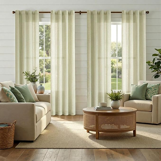 jinchan Linen Curtains 96 Inch Sage Green Stripe on Beige Back Tab 2 Panels | Curtains For Living Room Bedroom,Ticking Stripe, Farmhouse Cottage Core Rustic,Rod Pocket Window Treatment,Light Filtering